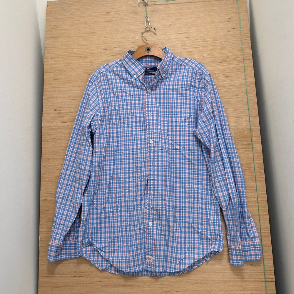 Vineyard Vines Mens Classic Fit Murray Shirt Blue Pink Plaid Cotton Medium